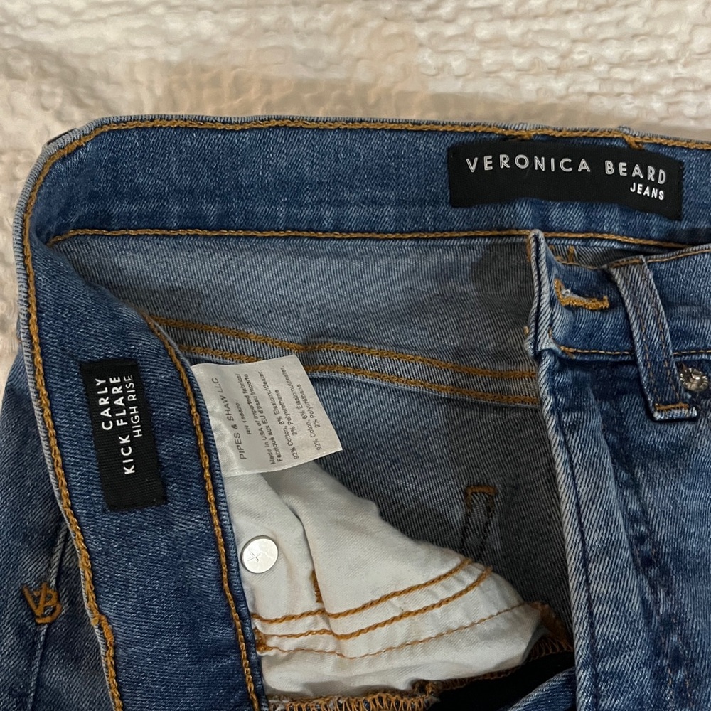 Veronica Beard Carly Kick Flare High Rise Blue and Cream Jeans - 27/4 - Picture 6 of 9